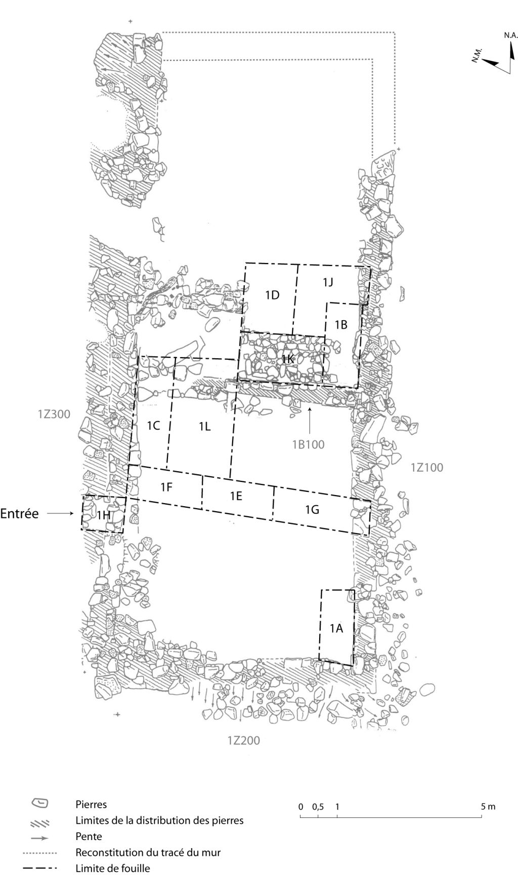 Plan des vestiges de la forge. Alain Chouinard, Archéologie et archéométallurgie de la forge, 2001.